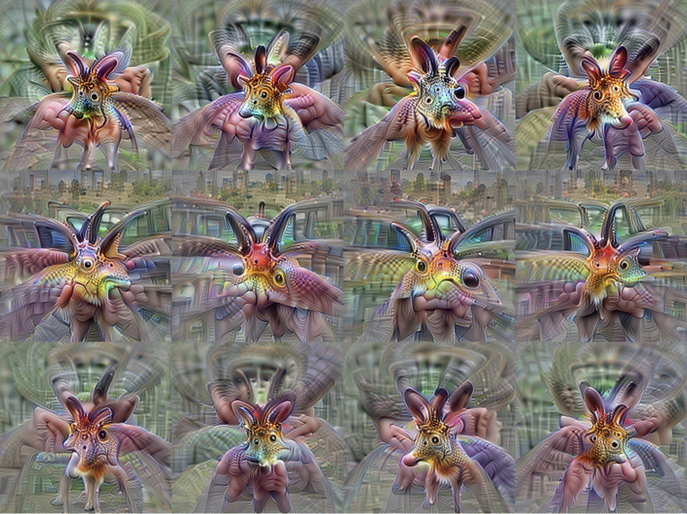 Car-guided feature visualisations for 4d:277, showing a colourful hare- or insect-like creature.