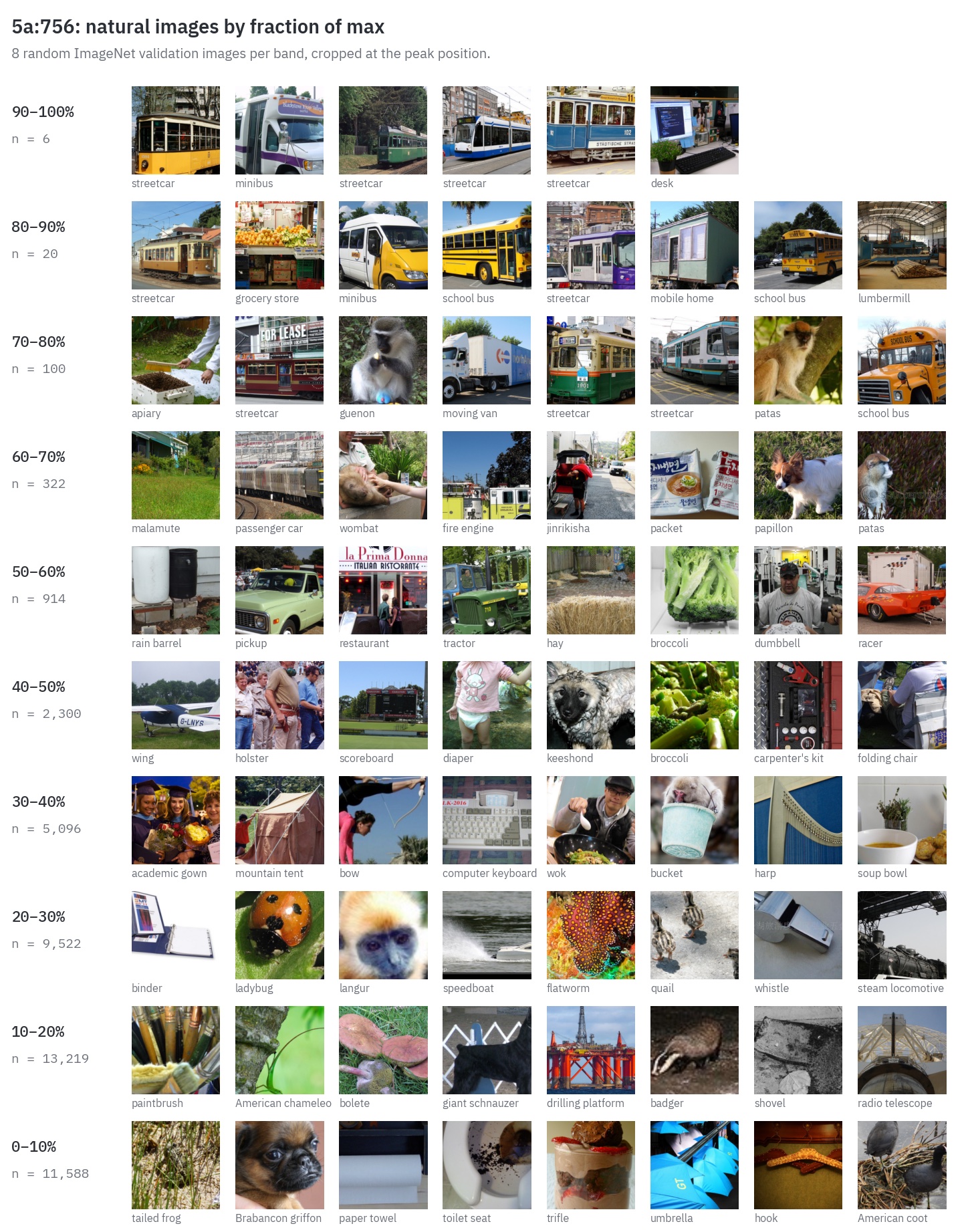 Natural ImageNet images for 5a:756 grouped into bands by fraction of max activation. Top bands are mostly streetcars, minibuses and school buses, with a desk and a grocery store; lower bands are varied objects and animals.
