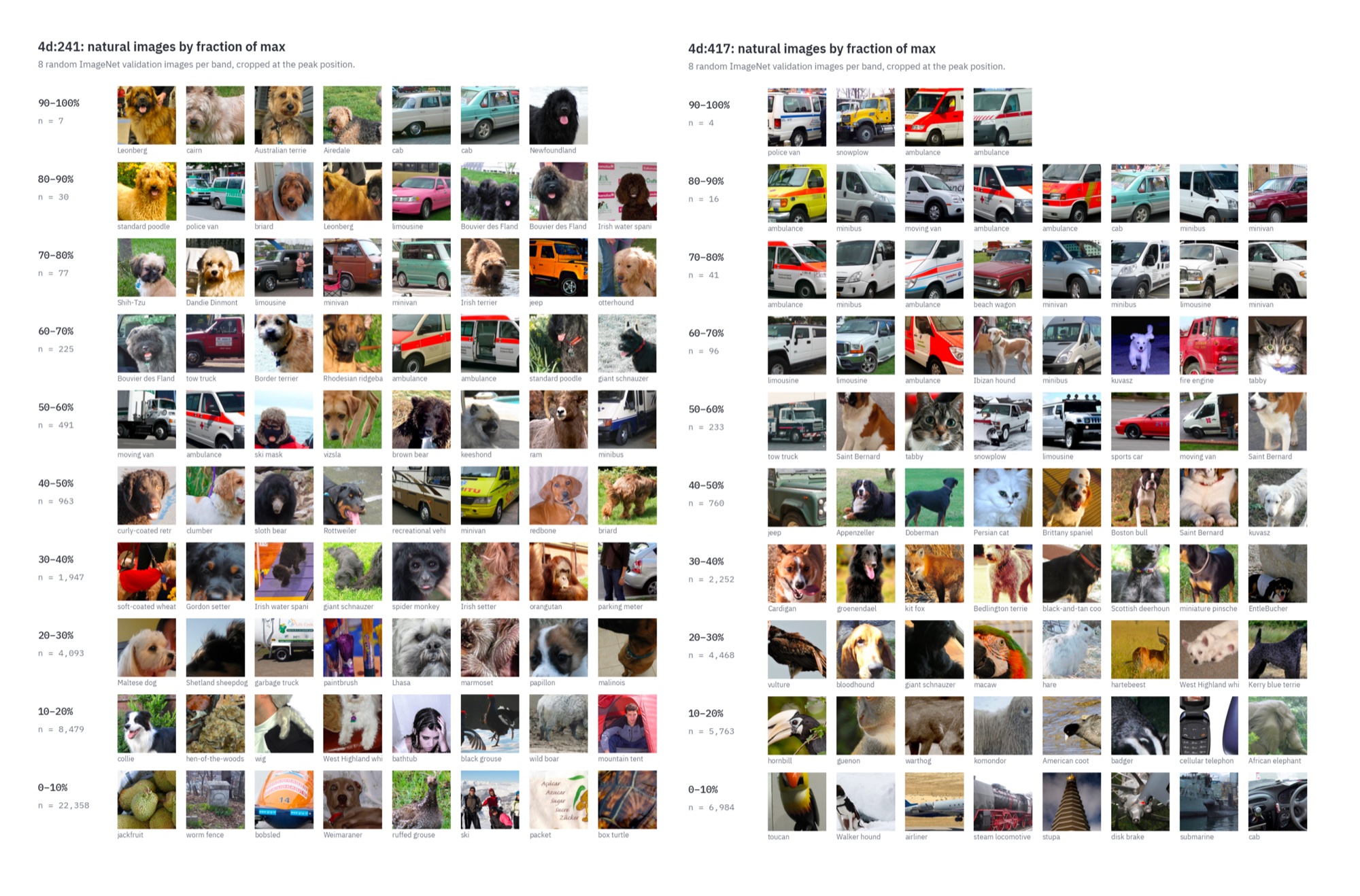 Natural ImageNet images for 4d:241 and 4d:417 grouped into bands by fraction of max activation. 4d:241's top bands mix shaggy dog faces with cabs and vans; 4d:417's top bands are mostly ambulances, minibuses and vans, with dogs and cats appearing below 70%.